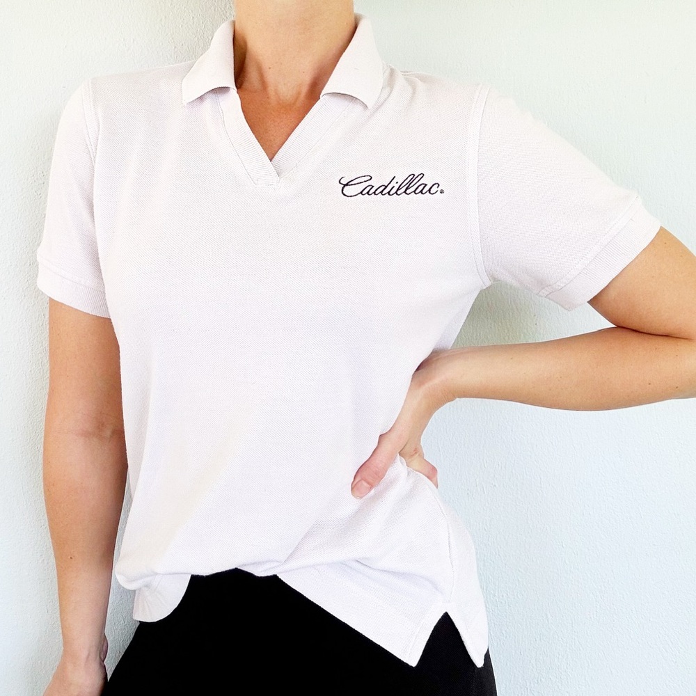 Vintage Cadillac off-white cotton embroidered logo polo shirt size small